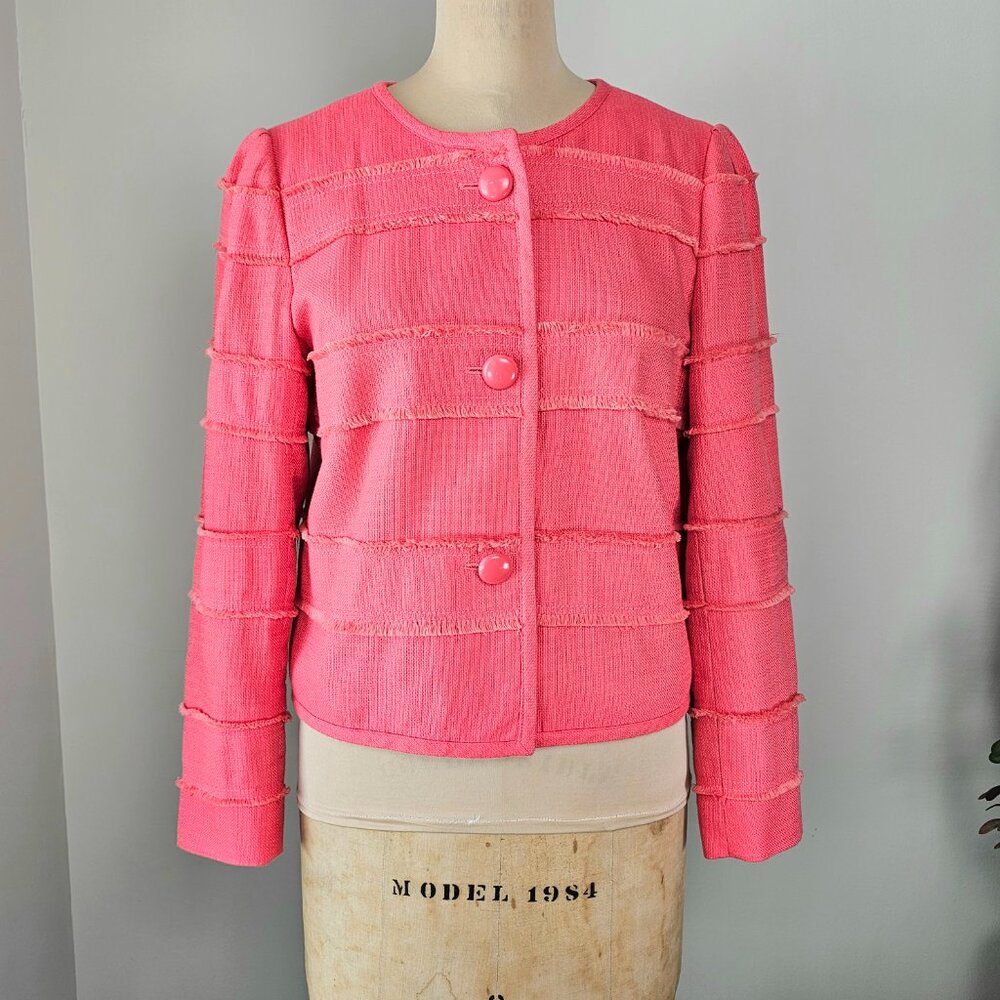 J.Crew Coral Fringe-Trim Cropped Jacket Size 10 Raw Edge Tiered Statement Blazer - Picture 10 of 13